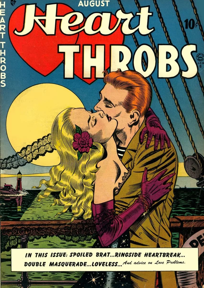 Bill Ward, Heart Throbs No. 1 cover, 1949 — a kissing couple seen to the waist against a harbour railing, a lighthouse and green water behind them, a flat yellow moon disc behind her hair and a flat red heart behind the masthead