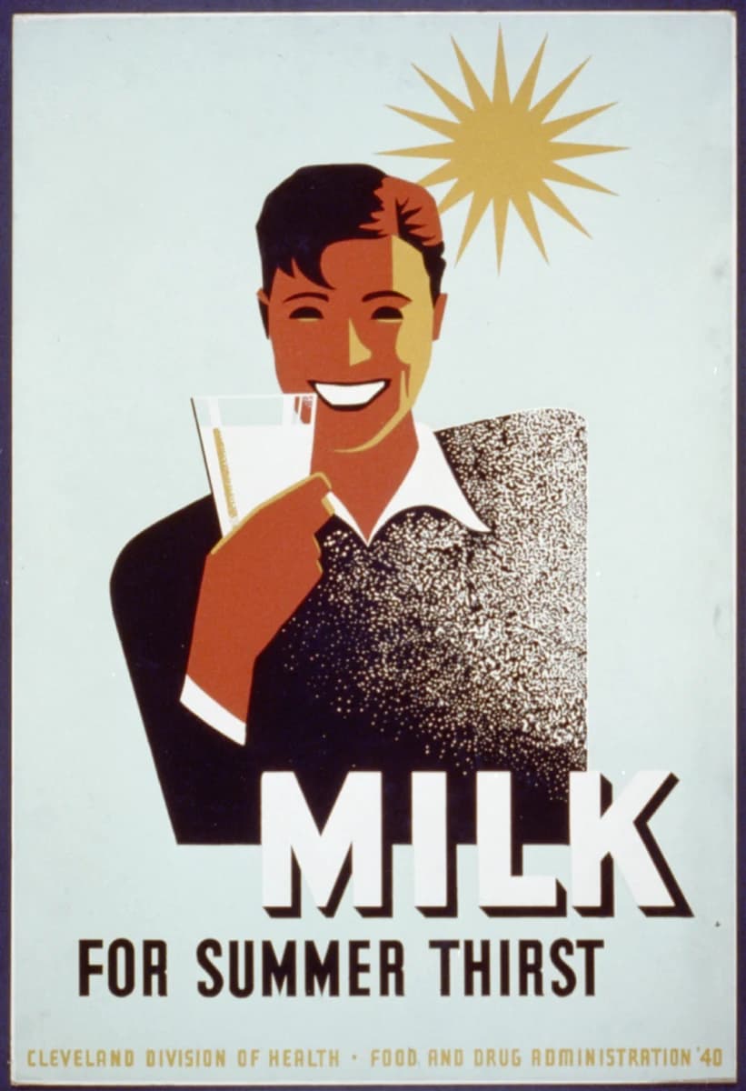 Milk — for Summer Thirst, 1940 — WPA silkscreen poster of a boy drinking milk before a flat gold starburst, his sweater rendered as a stipple-dot field