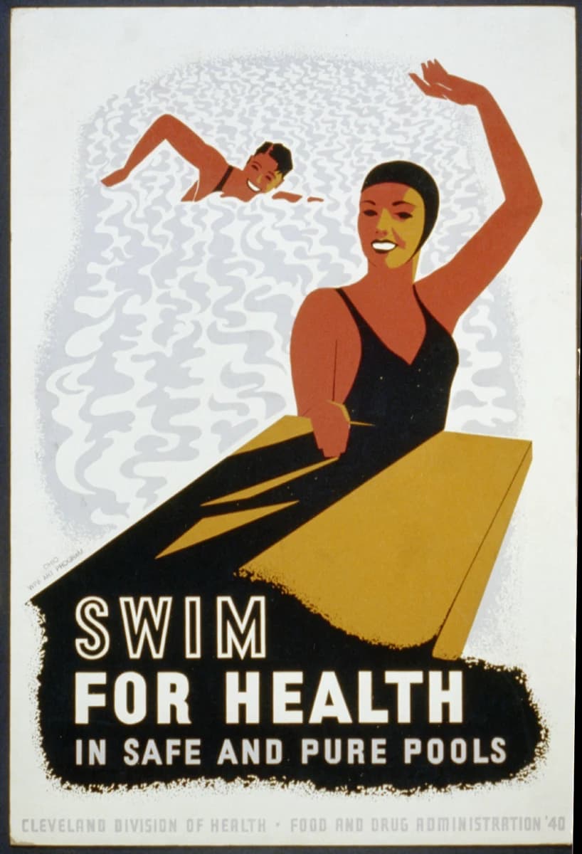 Swim for Health in Safe and Pure Pools, 1940 — WPA silkscreen poster of a swimmer with a face split into two flat colour planes, raising a mitten hand above patterned pool water