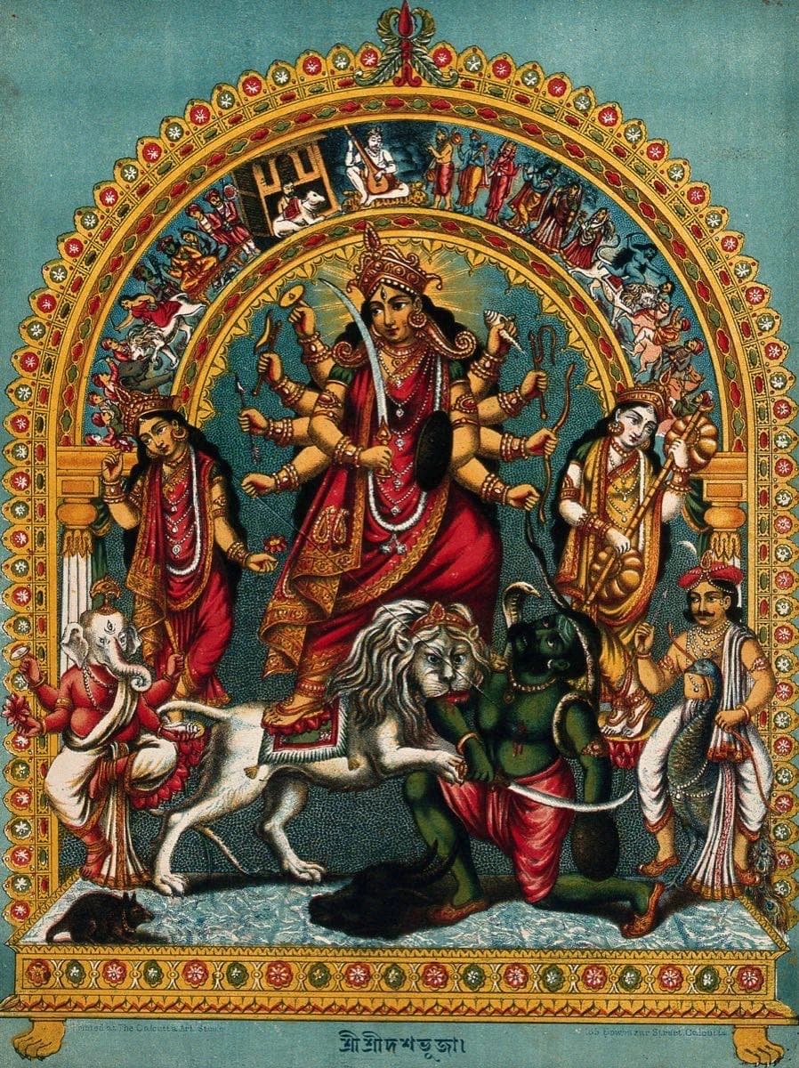 Calcutta Art Studio chromolithograph, c. 1885–95 — Durga within a torana arch against an even teal ground with no gradient and no horizon