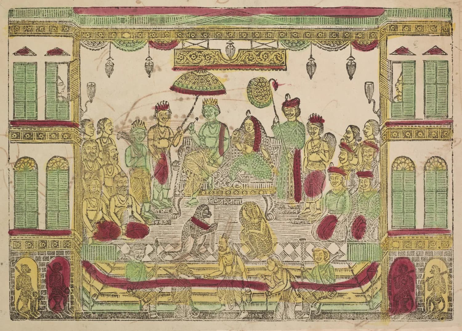 Battala woodcut, c. 1890 — a durbar inside a drawn two-storey facade with shuttered windows, a canopy, and a court crowd stacked in four rows