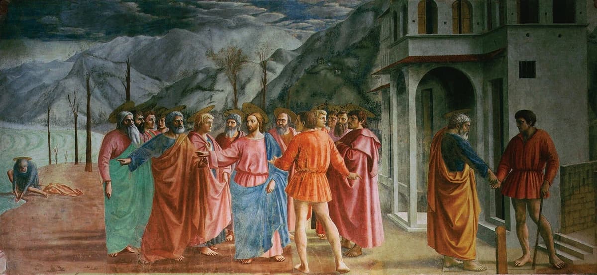 Masaccio, The Tribute Money, c. 1425–1427 — a wide band with a ring of robed figures at the centre on a bare ground before grey hills, a small figure crouching at a lake on the far left, and two figures at a doorway of a house in perspective on the right