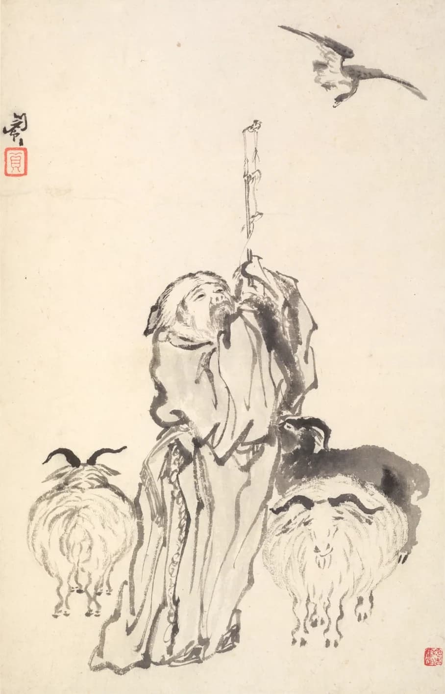 Min Zhen, Su Wu the Shepherd, 1788 — an exiled envoy on a bright bare sheet, his robe pale grey with the one loaded grey-black mass at the raised sleeve and shoulder, fraying into dry-brush skips at the hem, looking up at a passing bird beside his goats