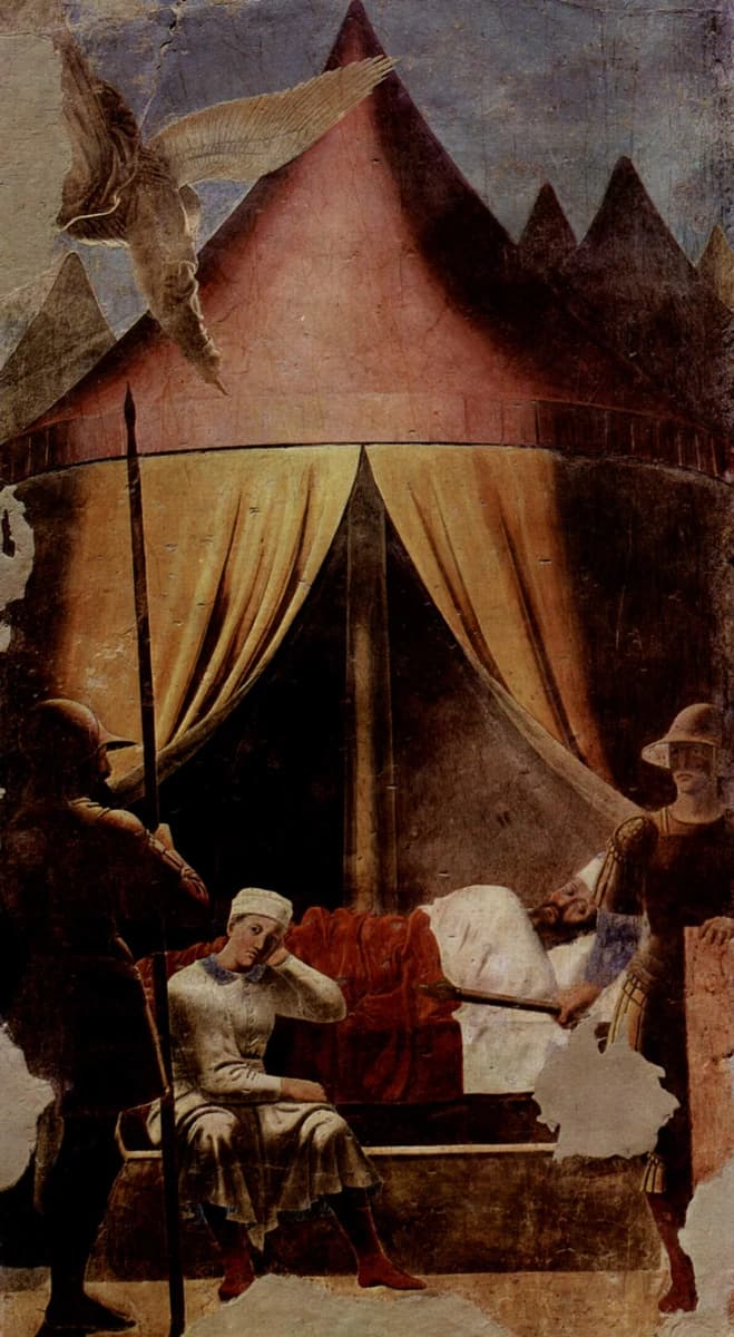 Piero della Francesca, The Dream of Constantine, 1452–1466 — a conical tent at night lit from above by a diving angel, the emperor asleep inside, a servant seated on the bed step with his head on his hand, two guards standing in front, everything beyond the light a flat dark