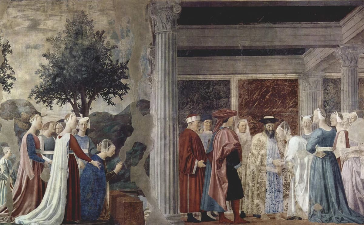 Piero della Francesca, Procession and Meeting of the Queen of Sheba and Solomon, 1452–1466 — on the left a queen kneels before a beam in a landscape with a round tree while her ladies stand behind her; on the right, inside a loggia of fluted columns, she clasps hands with a bearded king among courtiers in pleated robes