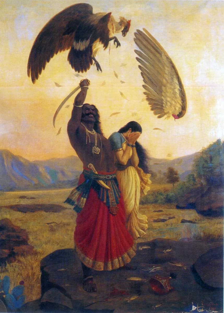 Raja Ravi Varma, Jatayu Vadha, 1906 — oil painting of Ravana raising a sword at the vulture Jatayu overhead, its severed wing falling, Sita covering her face, under a yellow storm-dawn sky
