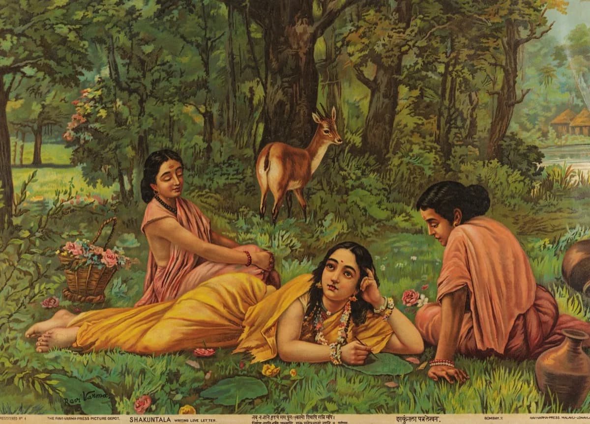 Ravi-Varma-Press oleograph of Shakuntala Patralekhan — three women in a forest glade, one lying on the grass writing on a lotus leaf, a deer behind them, with a printed caption band along the bottom margin
