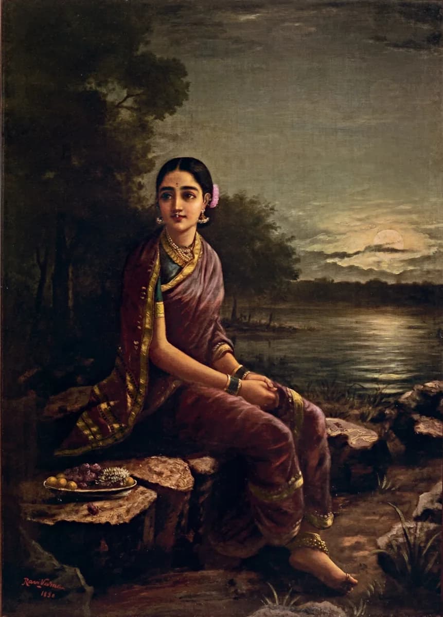 Raja Ravi Varma, Radha in the Moonlight, 1890 — oil painting of a woman in a plum sari with gold borders seated on a rock by a river at night, a full moon breaking through cloud and laying a track on the water