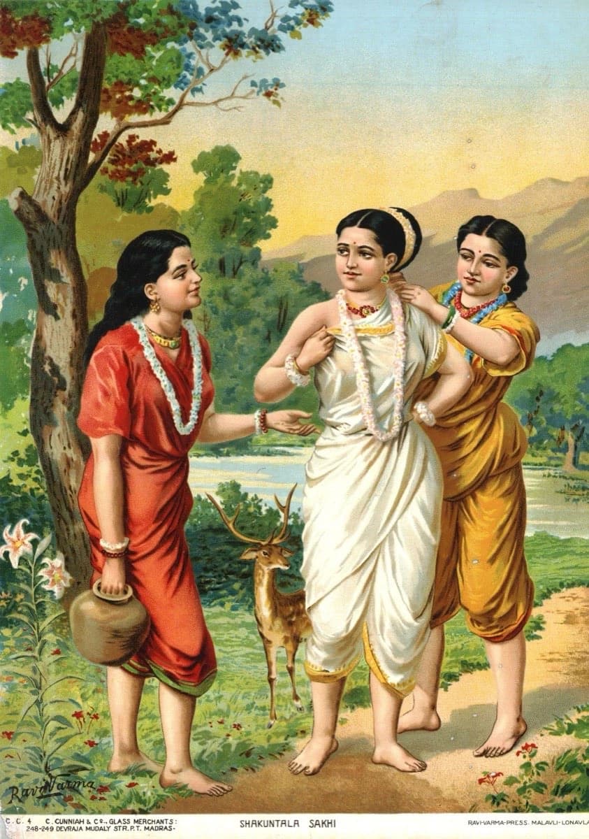 Ravi Varma Press oleograph, design c. 1890s — three women staged frontally across a shallow foreground, modelled in academic oil technique