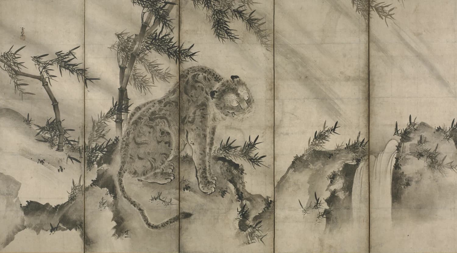 Sesson Shūkei, the tiger screen from Dragon and Tiger, c. 1546–56 — a crouching tiger under bamboo whipped sideways, with the wind painted as broad diagonal wash-streaks across the sky
