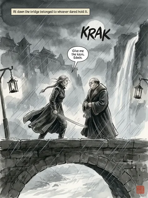 A Storm Ink comic page — two invented characters facing each other on a stone bridge in diagonal rain, a fortress roofline dissolving into wash behind them, a pale moon and a pale waterfall against smoked dark cliffs, the sound effect KRAK lettered in Latin capitals, and one small vermilion seal at the foot of the page