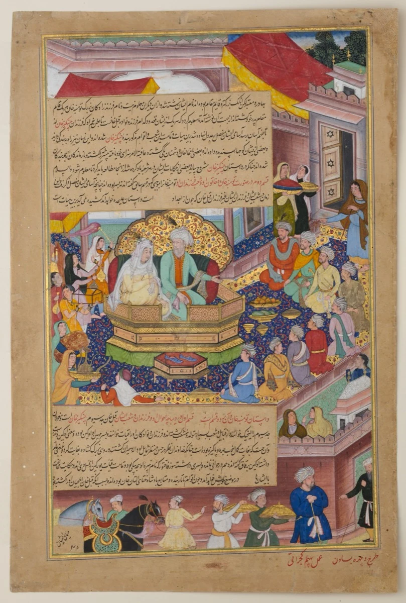 Imperial Mughal atelier, Tumanba Khan, His Wife, and His Nine Sons, c. 1596 — a lapis carpet shown flat from above, an octagonal gold dais in parallel oblique, and a footstool tipped up to show the slippers on it