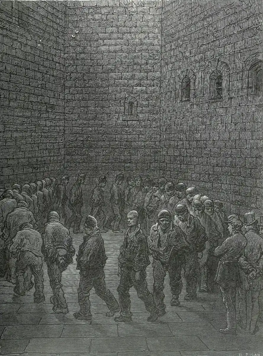 Victorian wood engraving of Newgate prison's circular exercise yard — prisoners circling beneath high masonry walls, every stone ruled in fine engraved line; Gustave Doré, engraved by Héliodore-Joseph Pisan, 1872, public domain