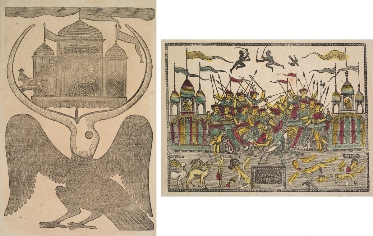 Two sheets from a Kalighat album, c. 1890 — an uncoloured Jatayu woodcut on the left, a hand-coloured battle page on the right
