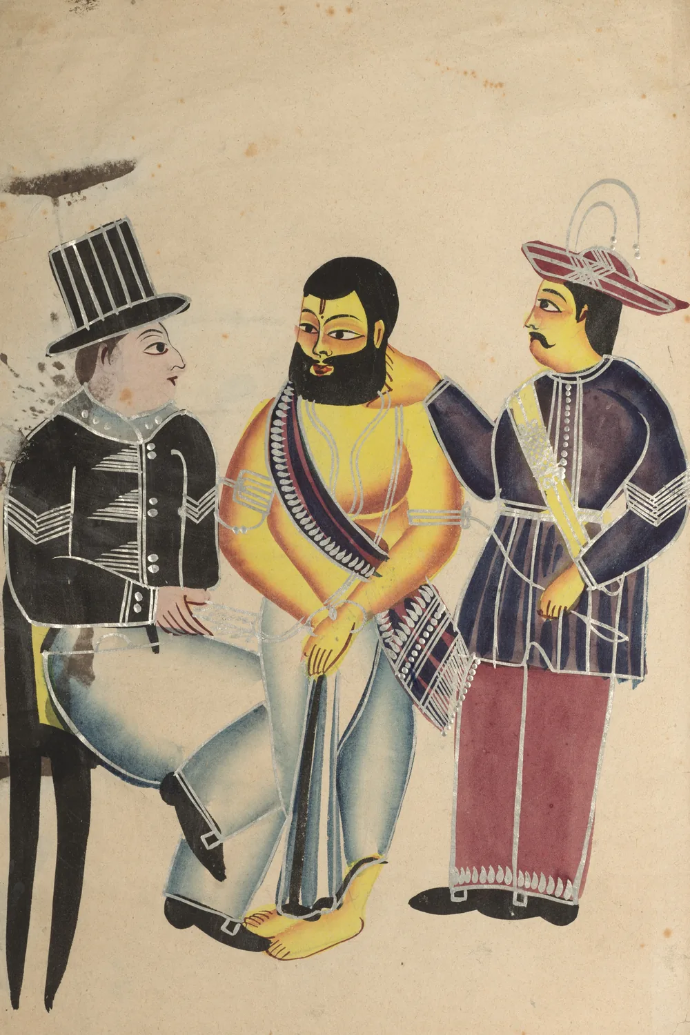 Kalighat painting, c. 1890 — a top-hatted European jailer, a shackled bearded mahant bare-torsoed in saffron above a pale blue dhoti, and a striped-hatted guard in conversation, each on a different flat skin tint