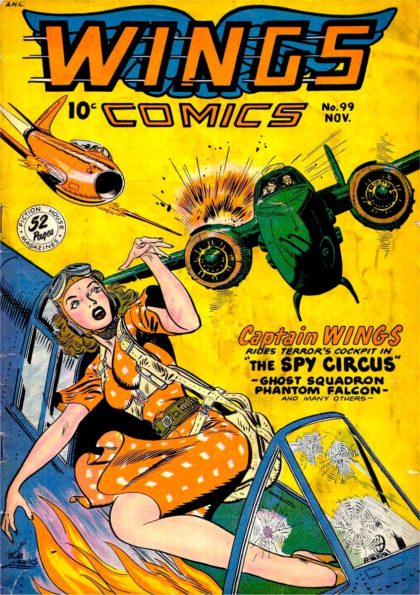 Bob Lubbers, Wings Comics No. 99 cover, 1948 — a woman cut by the frame of a cockpit against a flat unmodulated chrome-yellow field, with two aircraft and a burst on that same field, and flames licking up the blue cockpit at lower left, under the printed masthead, publisher roundel and cover-copy block; public domain