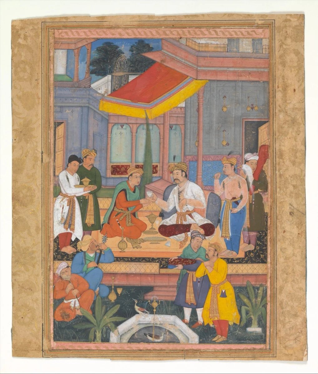 Mughal court atelier, Interior of a Courtyard with Figures, early 17th century — a cutaway pavilion with an octagonal marble fountain basin tipped up so its water shows