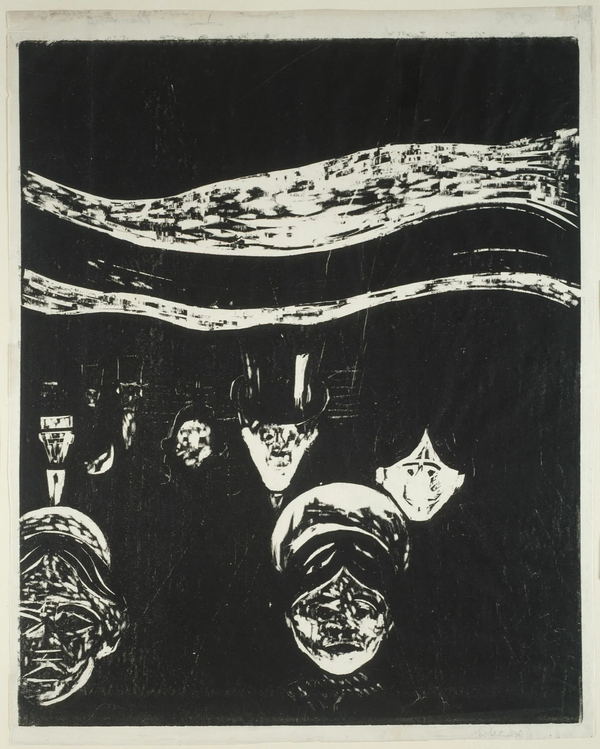 Edvard Munch, Anxiety, 1896 — woodcut in black ink, masklike faces beneath gouged wave-bands