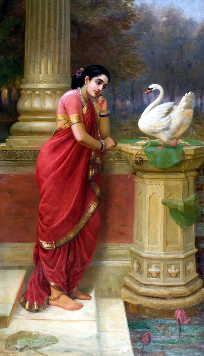 Raja Ravi Varma, Hamsa Damayanti, 1899 — academic-realist oil, a woman in a red silk sari with a gold zari border leaning on a carved balustrade to speak with a swan, a fluted column at the left edge and a dusk wood behind