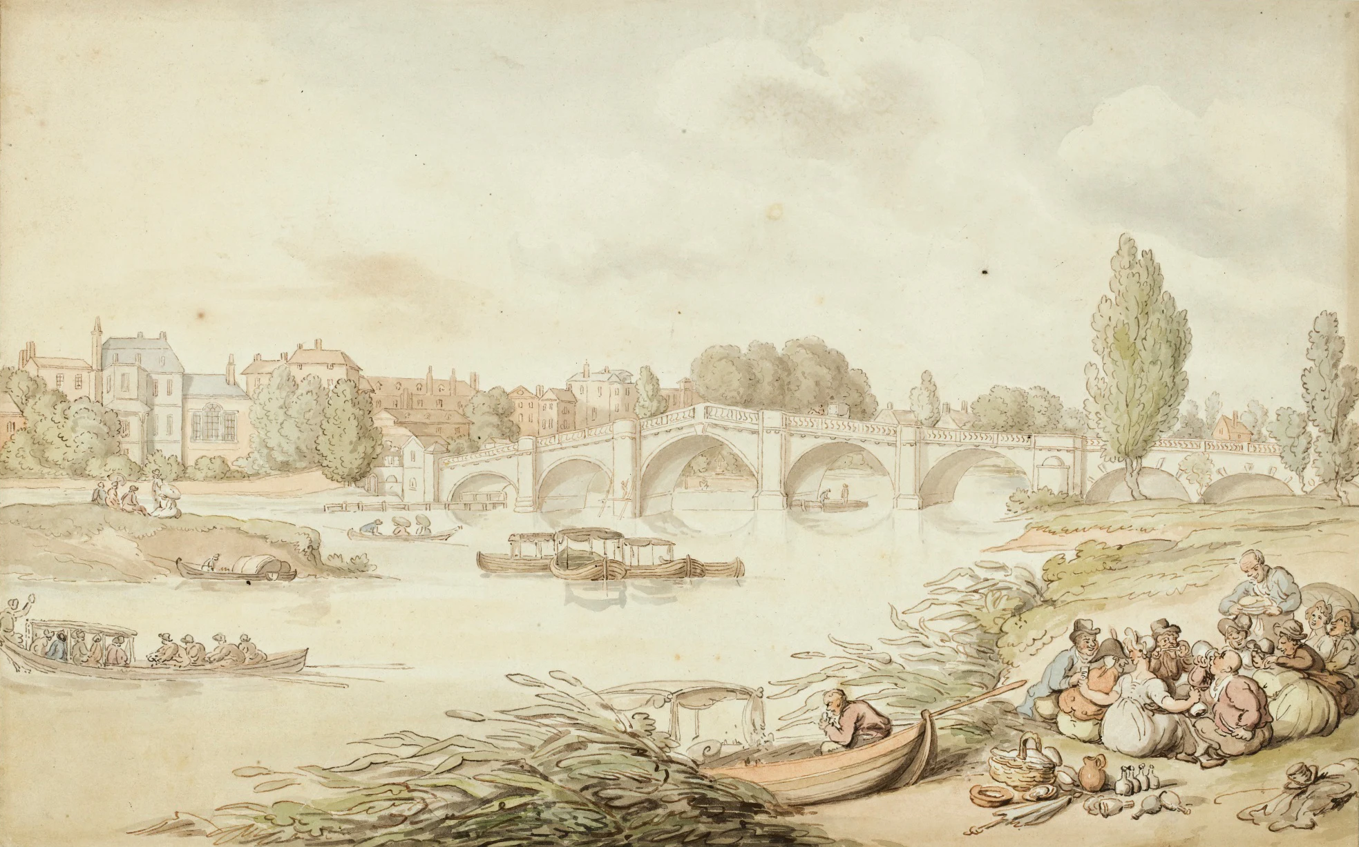 Thomas Rowlandson, Richmond Bridge, c. 1806 — a pen-and-ink riverside scene with a picnic group at the bottom edge, washed in rose, blue-grey, sap green, ochre and burnt sienna, the colour running past the drawn lines